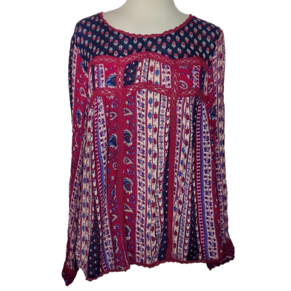 👚 Maeve Anthropologie "Gretchen" Boho Red & Blue Floral Peasant Top Size 10 / A - Picture 7 of 15